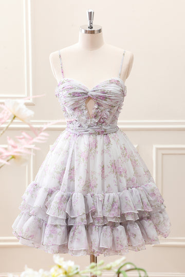 Lilac A-Line Floral Prints Ruffled Tiered Mini Dress